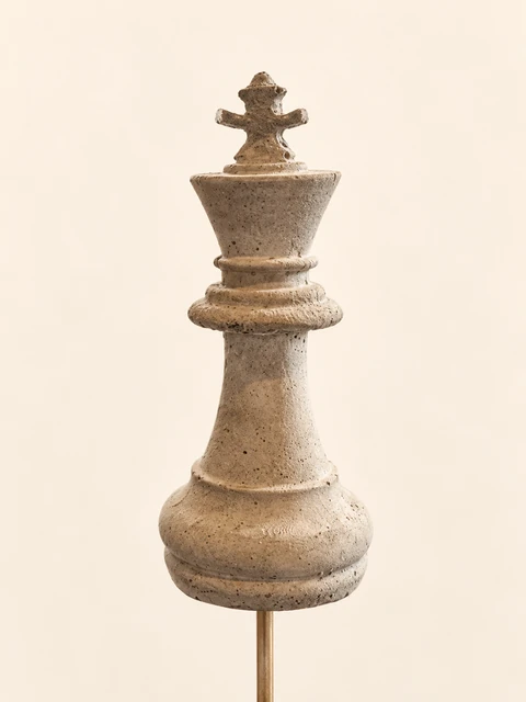 Light chess king with a cross-shaped top, a narrow middle section and a wide round foot on a stake