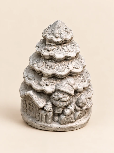 Silver Christmas tree with rounded rows of branches, stars and raised figures at the base