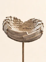 Light heart-shaped wing bowl with raised feathers and a slender stake, seen from the front