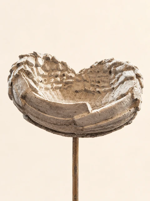 Light heart-shaped wing bowl with raised feathers and a slender stake, seen from the front