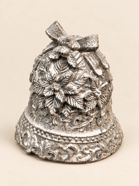 Silver Christmas bell with a bow, raised flowers and a patterned lower edge