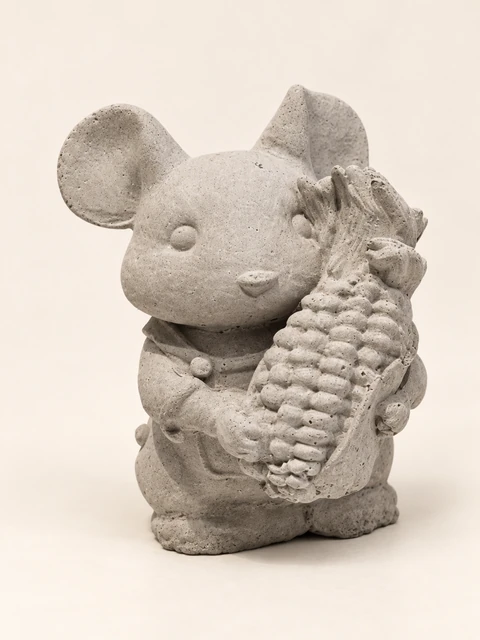 Standing mouse in concrete colour with large ears and a corn cob in its arms
