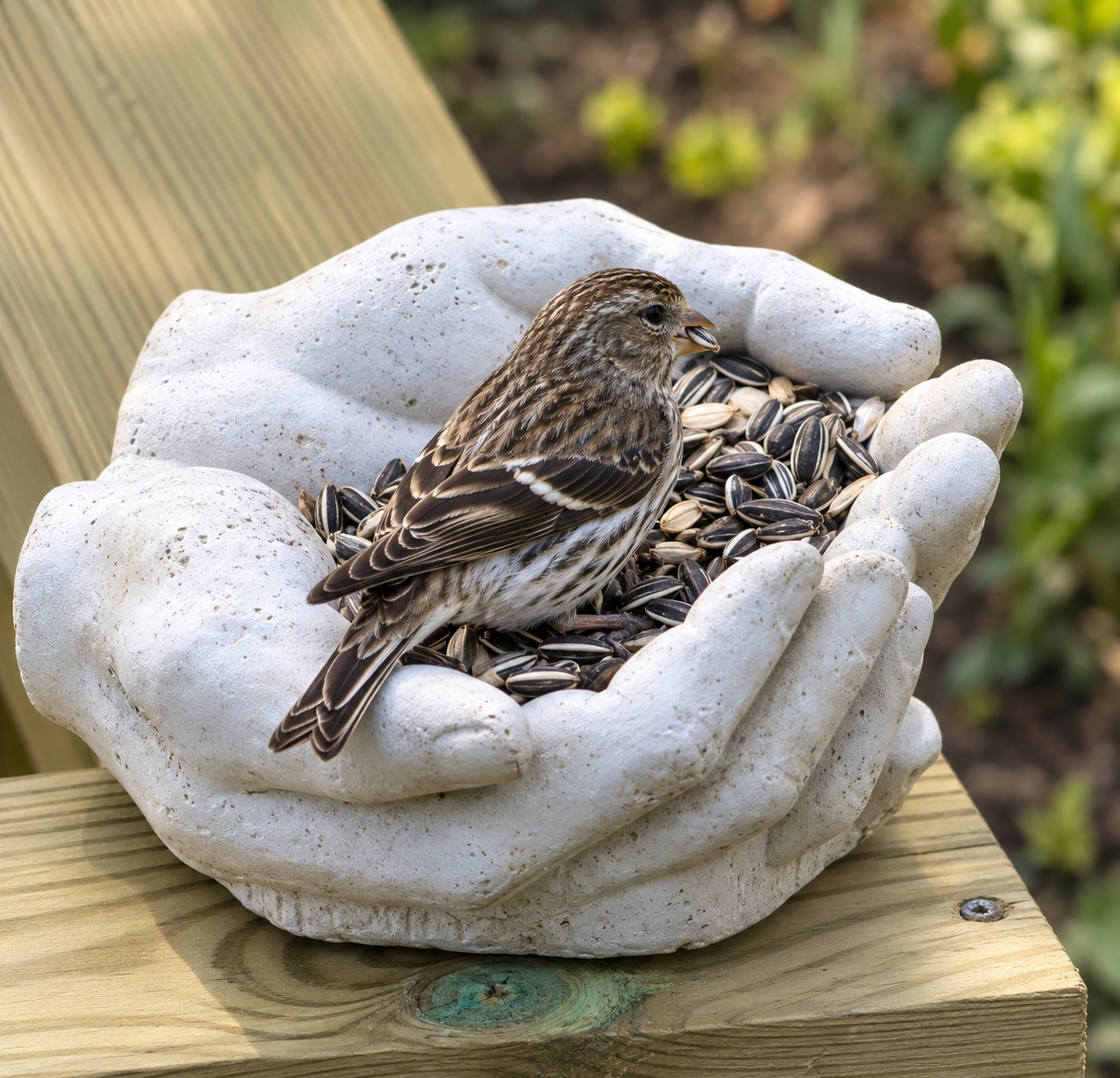 Hand bowl with a bird and sunflower seeds on a wooden table in a garden